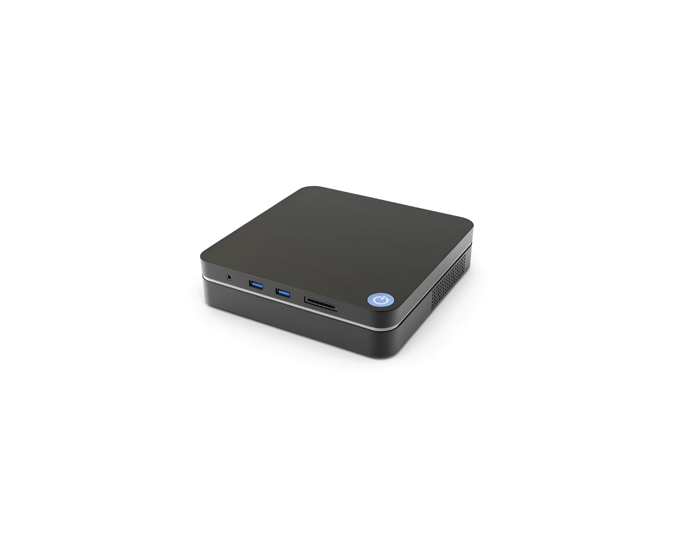 Mini PC angled view showing front ports